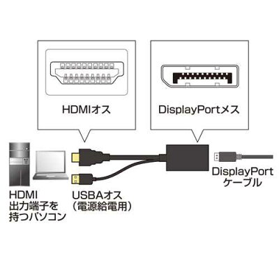 サンワサプライ｜SANWA SUPPLY 映像変換アダプタ HDMI オス→メス DisplayPort USB-Aオス給電 ブラック AD-DPFHD01 HDMI⇔DisplayPort /0.14m